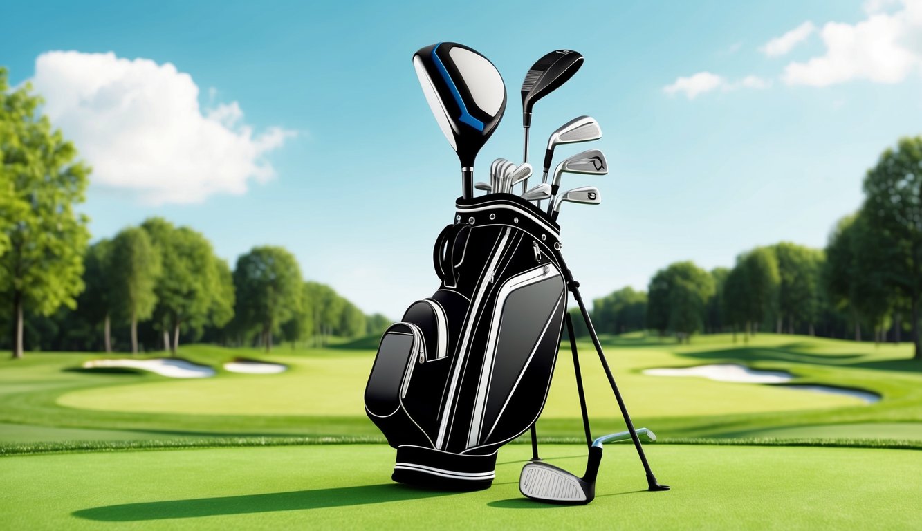 A golf bag filled with various clubs, including a driver, irons, wedges, and a putter, arranged neatly on a lush green golf course