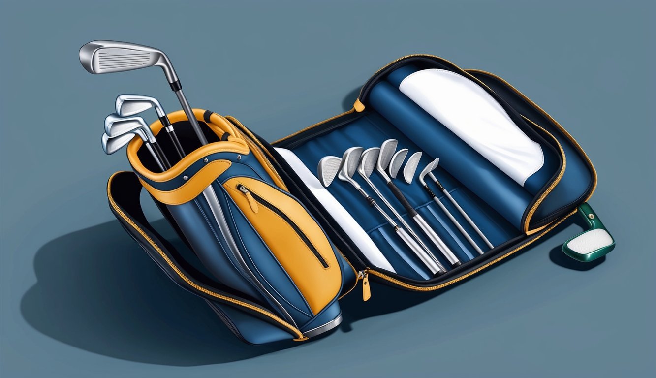 A golf bag sits open, revealing a set of clubs including a driver, irons, wedges, and a putter