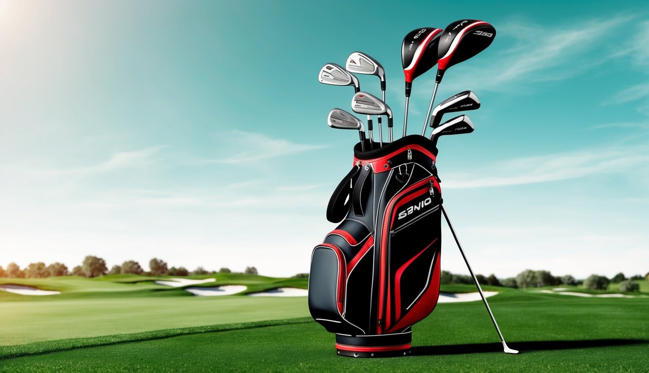 A golf bag with a variety of drivers and woods arranged neatly on a lush green golf course