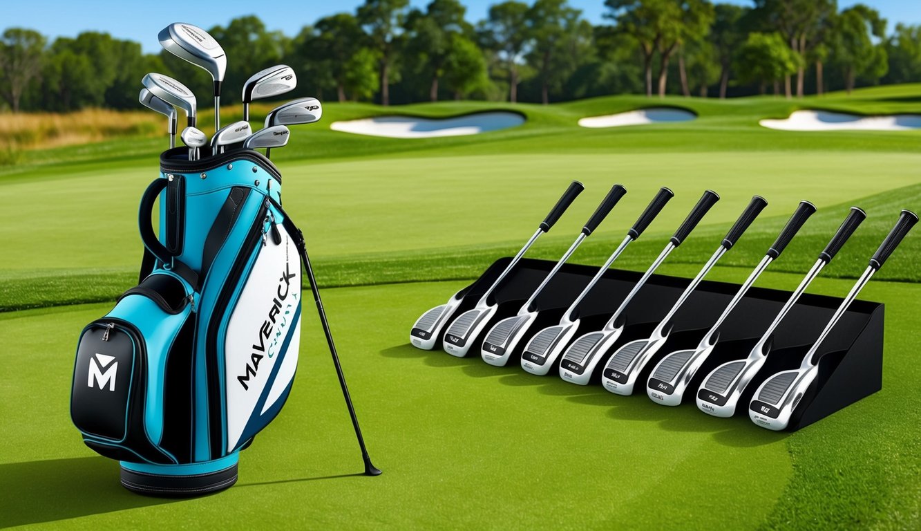 Maverick McNealy's golf bag, with a set of specialty clubs, arranged neatly on a lush, manicured golf course