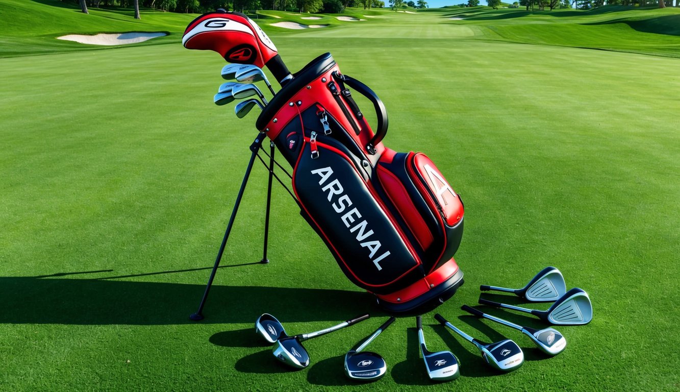 Maverick McNealy's golf bag with Arsenal clubs laid out on a lush green fairway