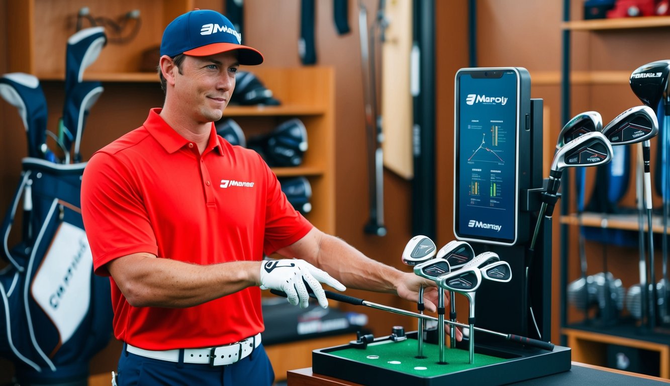 Maverick McNealy adjusts golf clubs on a custom fitting machine at the equipment shop