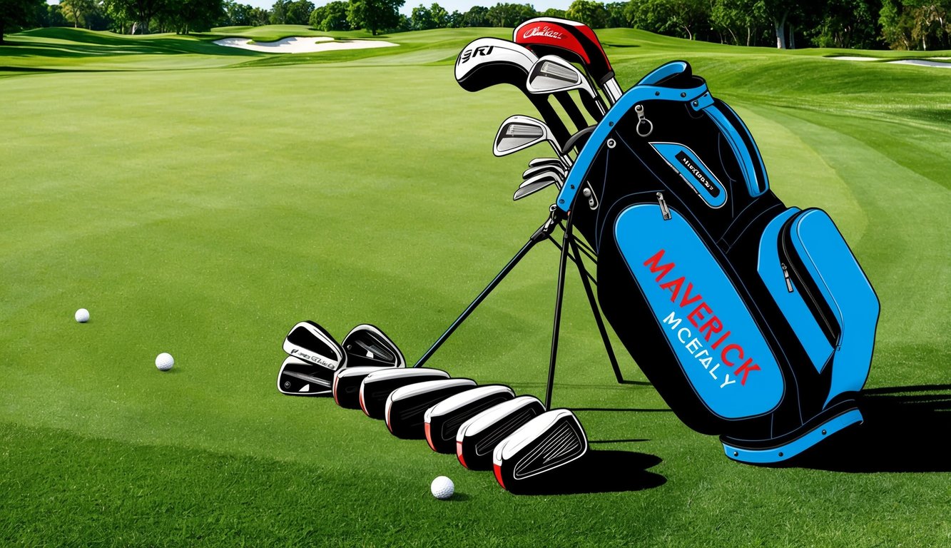 Maverick McNealy's golf bag with various clubs arranged neatly on a lush green fairway