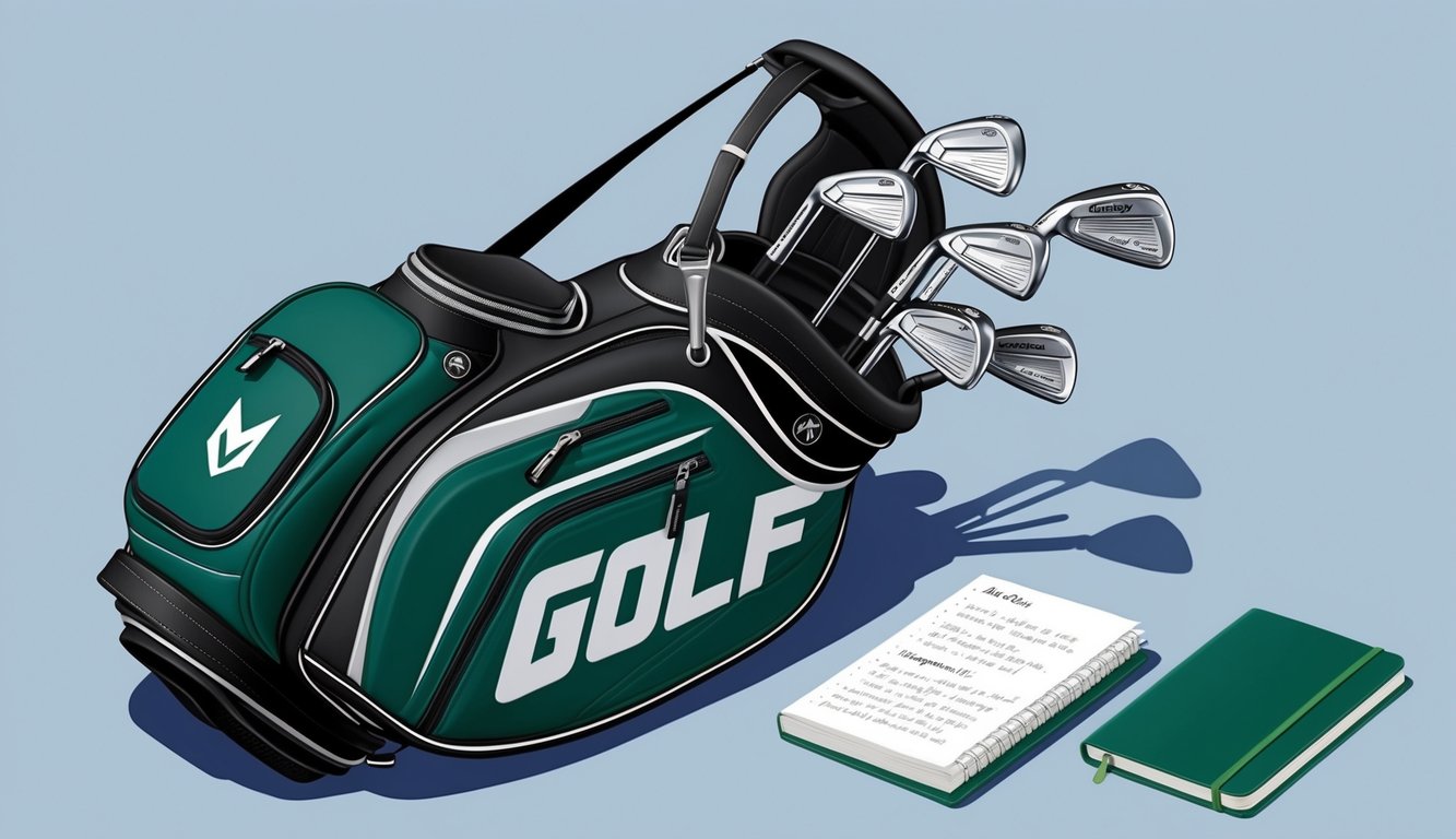 Maverick McNealy's golf bag open, revealing a set of sleek, high-quality clubs arranged neatly inside. A notebook with player insights lies nearby