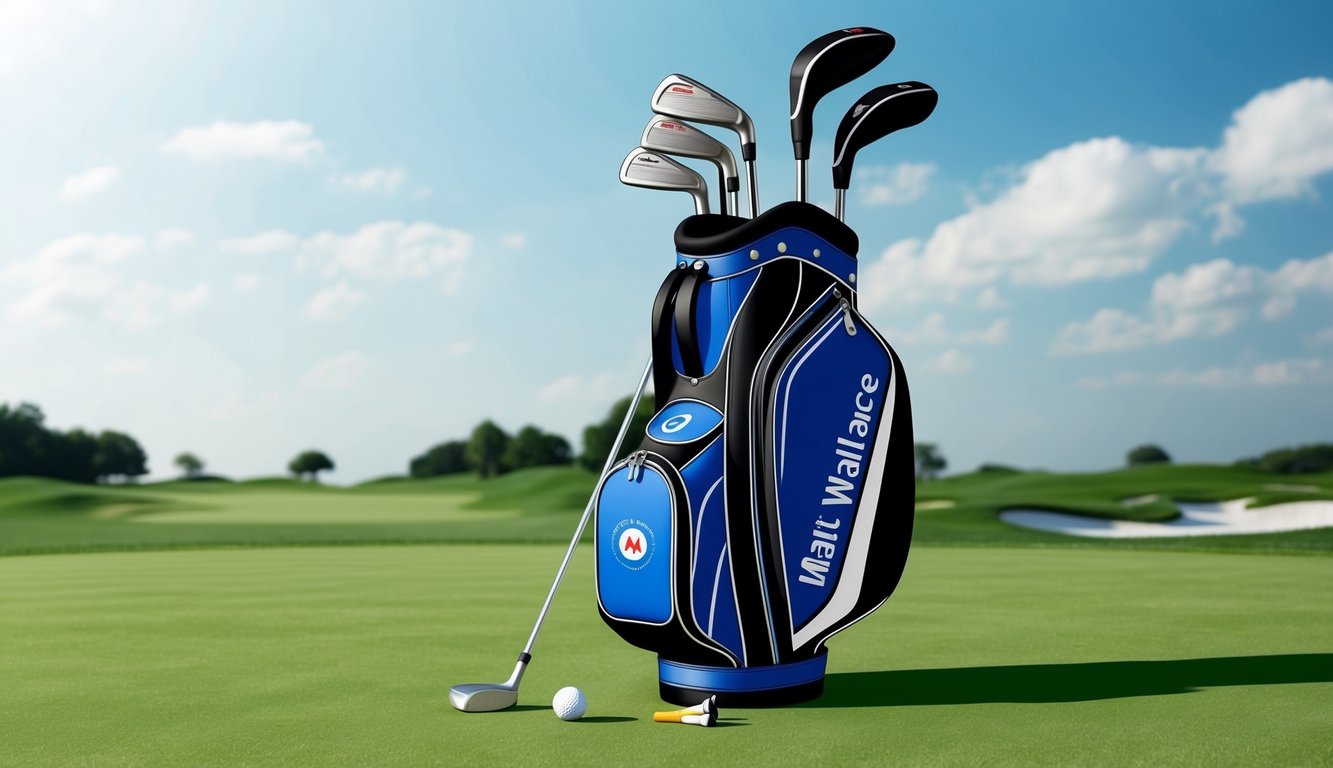 Matt Wallace's golf bag, with a variety of clubs and a putter, sits on a pristine green fairway next to a ball marker and tees