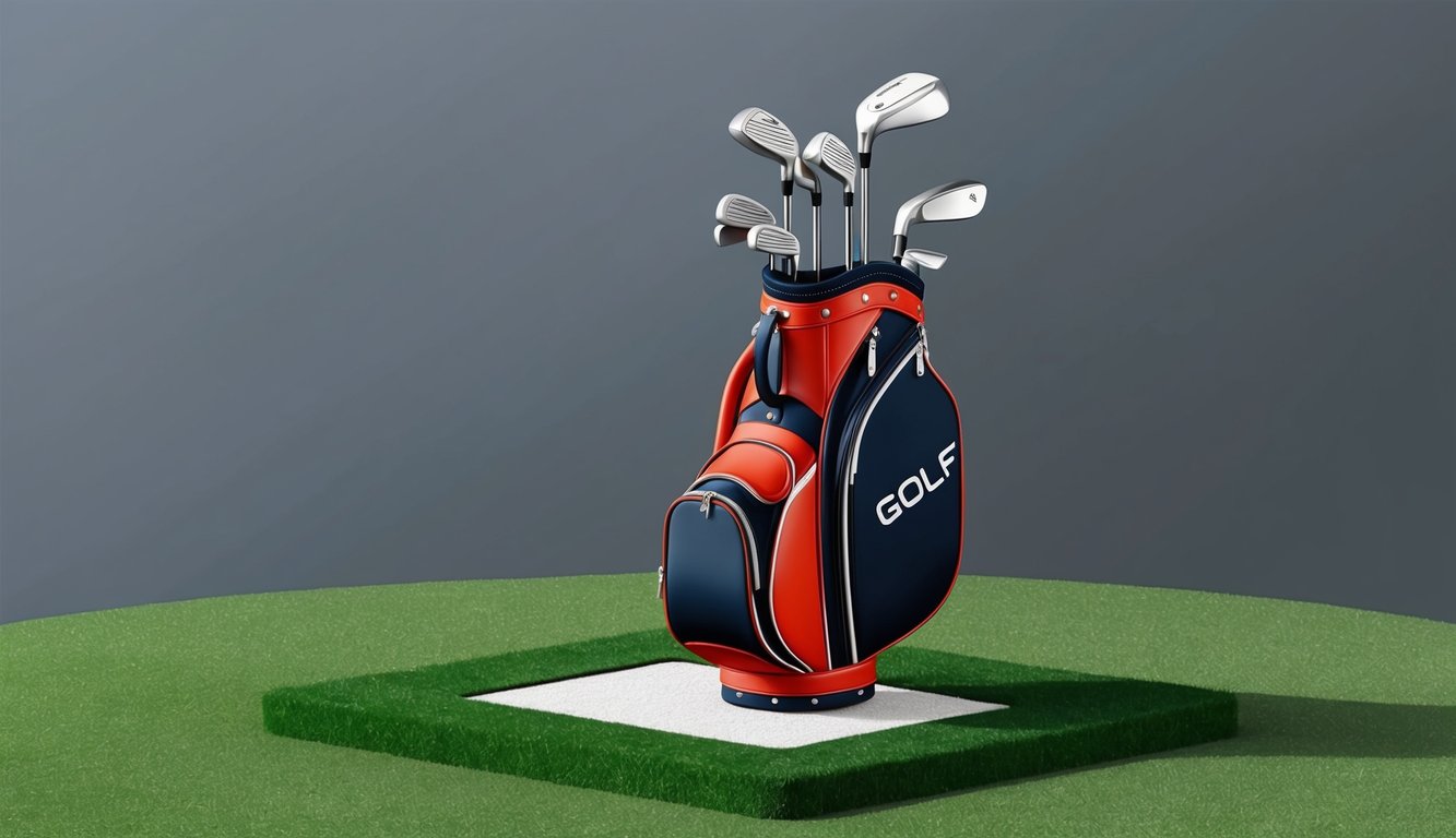 A golf bag with various clubs arranged neatly on a grassy tee box