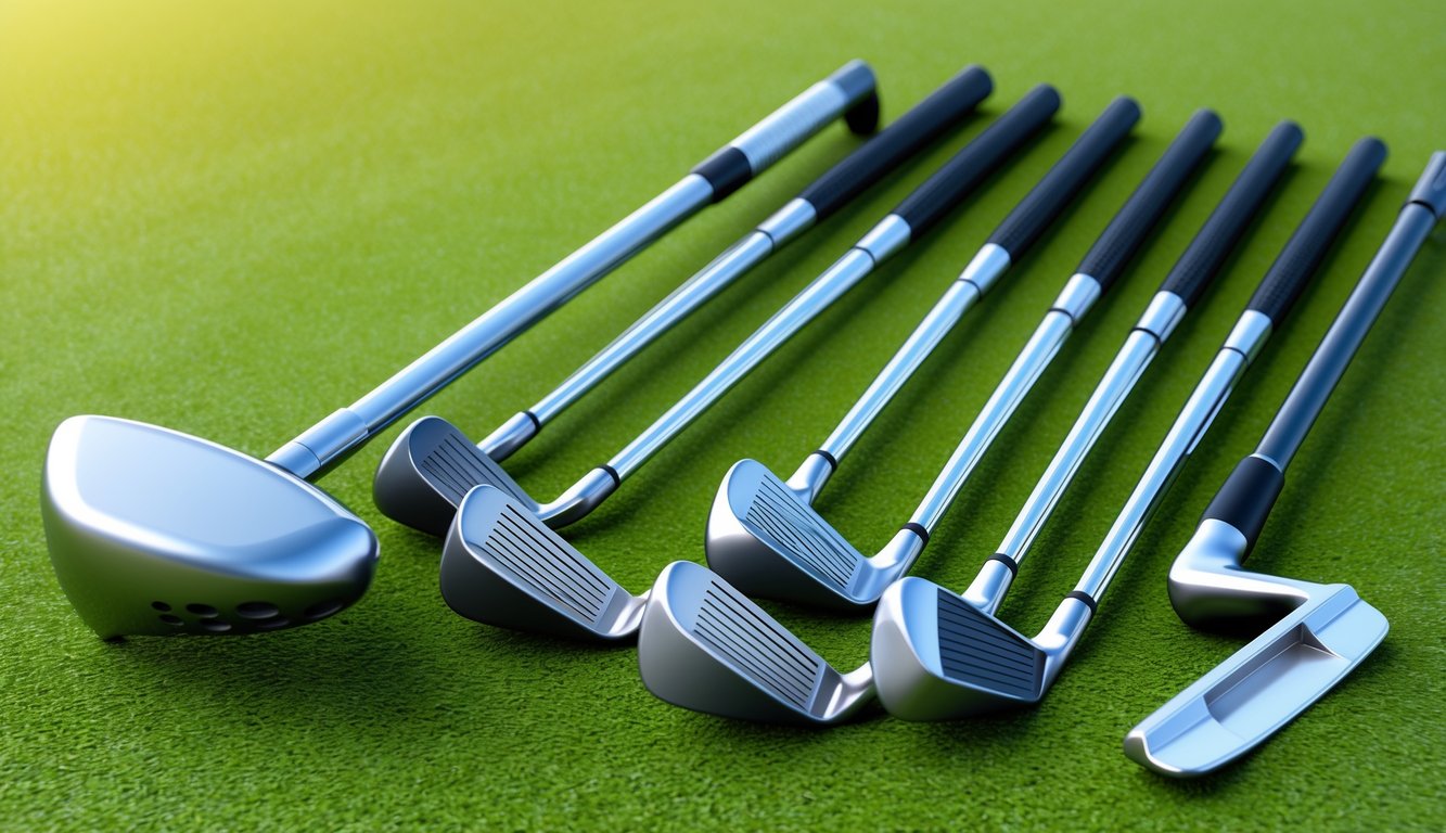 A set of golf clubs arranged neatly on a grassy surface, including a driver, irons, wedges, and a putter