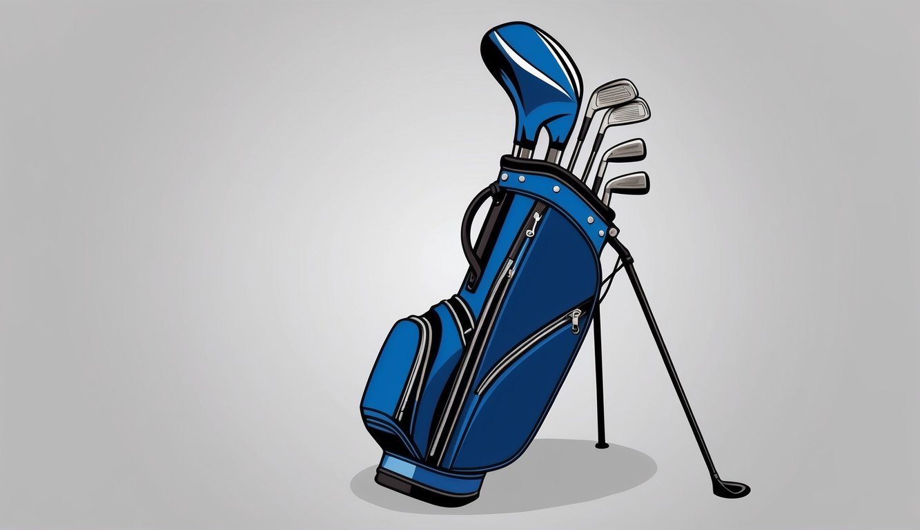 A golf bag with various clubs arranged neatly, including a driver, irons, and a putter