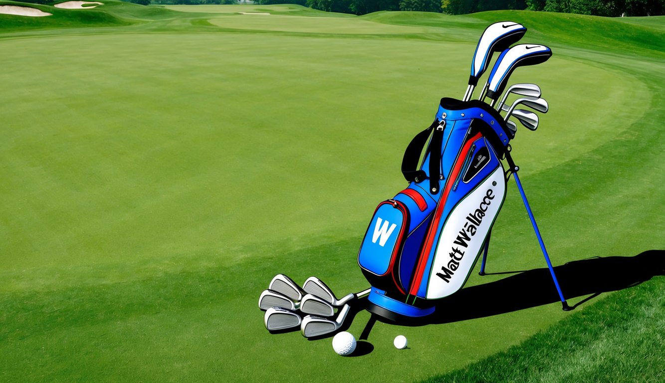 A golf bag with Matt Wallace's clubs arranged neatly on a lush green fairway