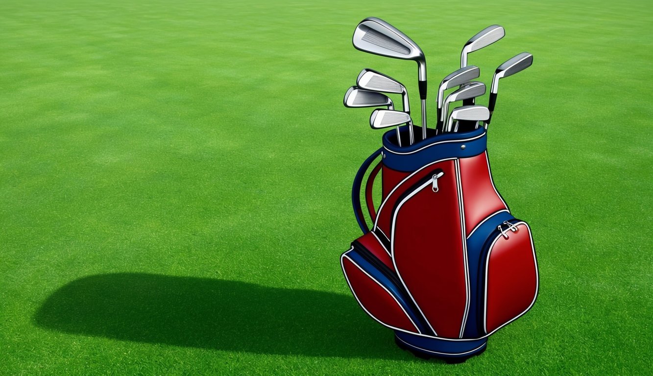 A golf bag with various clubs, including wedges, arranged neatly on a green grassy field