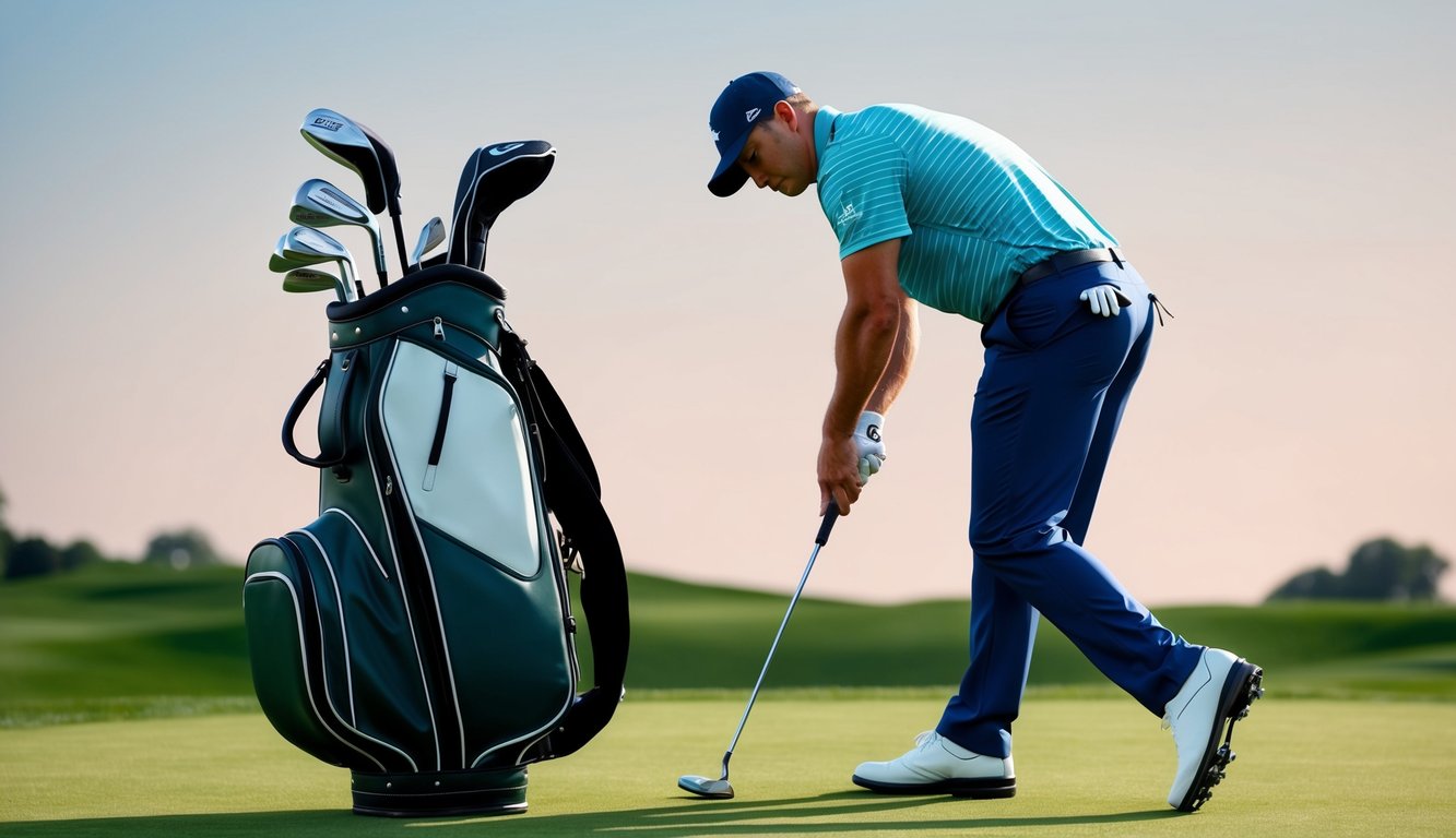 Matt Wallace's golf bag open, clubs neatly arranged. He selects a club, poised to swing