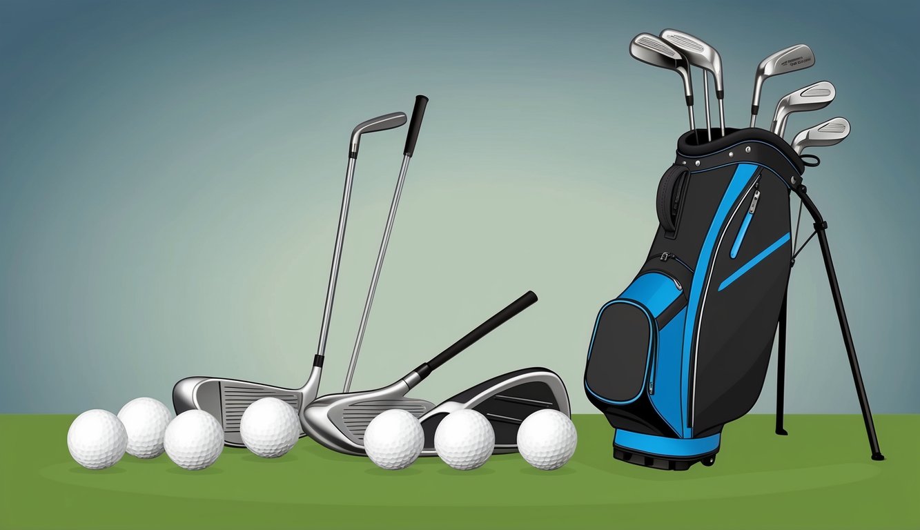 A golf bag with various clubs laid out, including a selection of golf balls