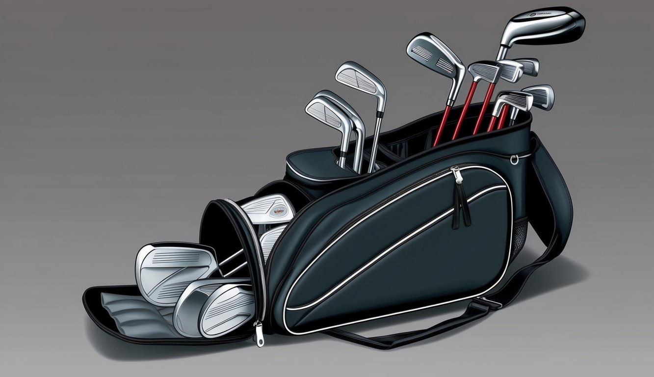 A golfer's bag open, revealing various clubs and accessories