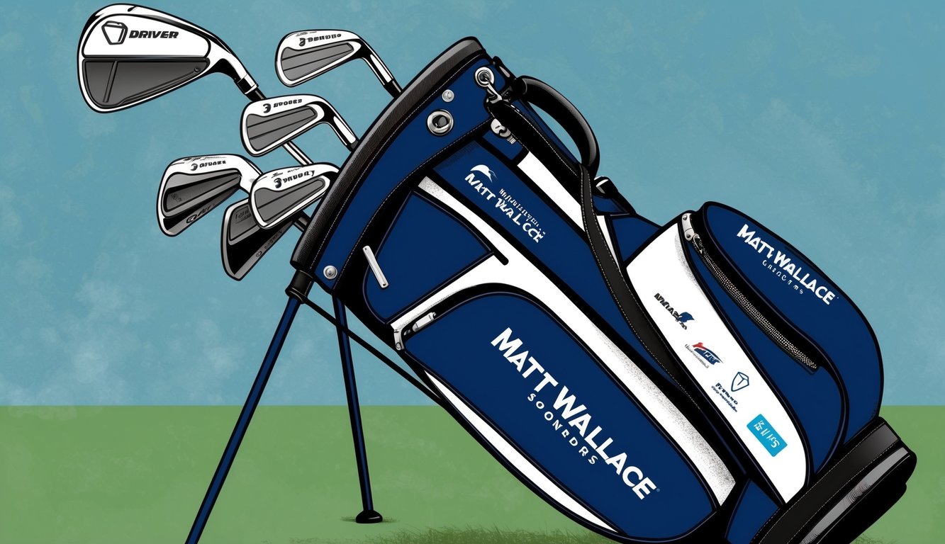 A golfer's bag with various clubs, including a driver, irons, and putter, adorned with logos of Matt Wallace's sponsors and endorsements