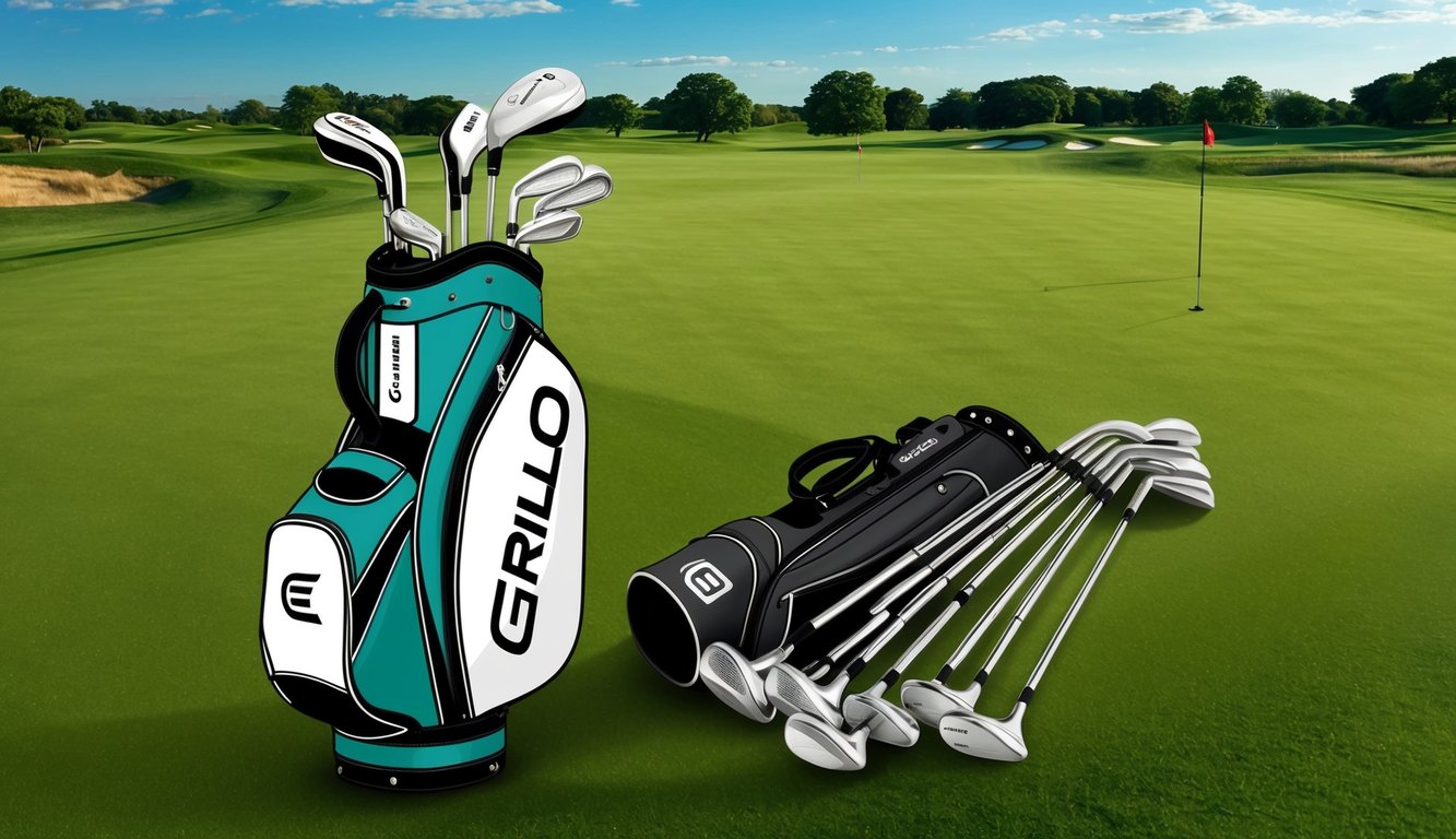 Emiliano Grillo's golf bag with a variety of clubs laid out on a lush green fairway