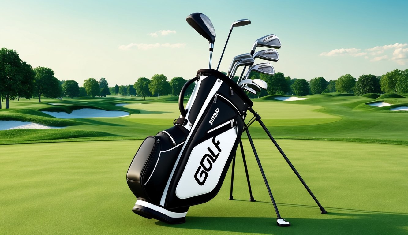 A golf bag filled with various clubs, including a driver, irons, wedges, and a putter, arranged neatly on a lush green golf course