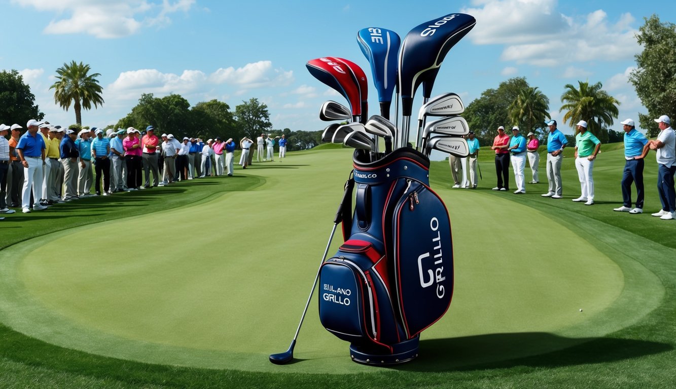 Emiliano Grillo's golf bag, with various clubs arranged neatly on a lush green fairway, surrounded by onlooking spectators and fellow golfers