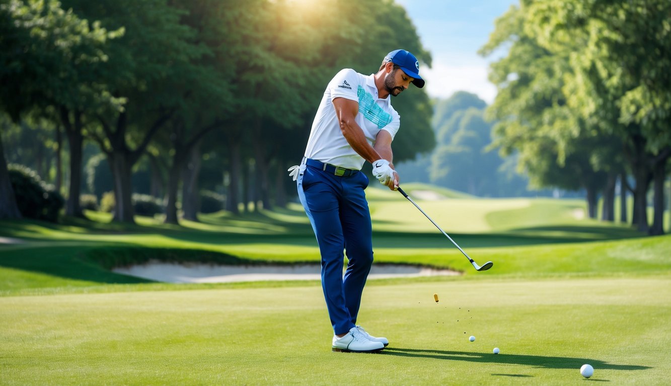 Emiliano Grillo swings a golf club on a lush, sunlit fairway, showcasing his precise technique and focused gameplay style