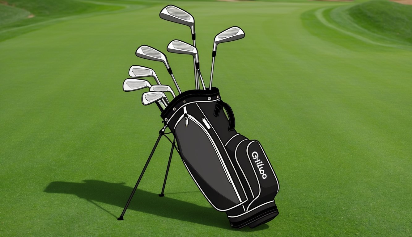 A golf bag open on a lush green fairway, showcasing a set of Grillo's clubs in various sizes and shapes