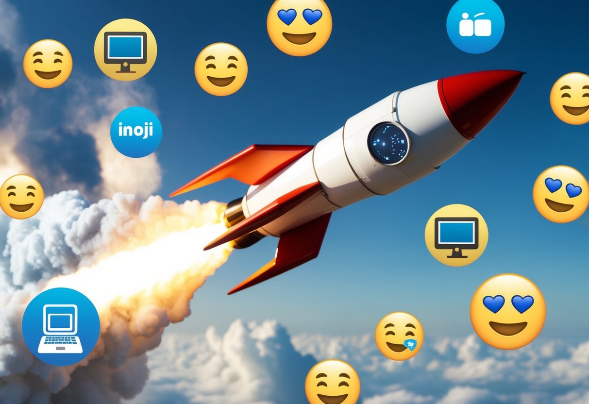 A rocket ship blasting off surrounded by various internet-themed symbols and emojis