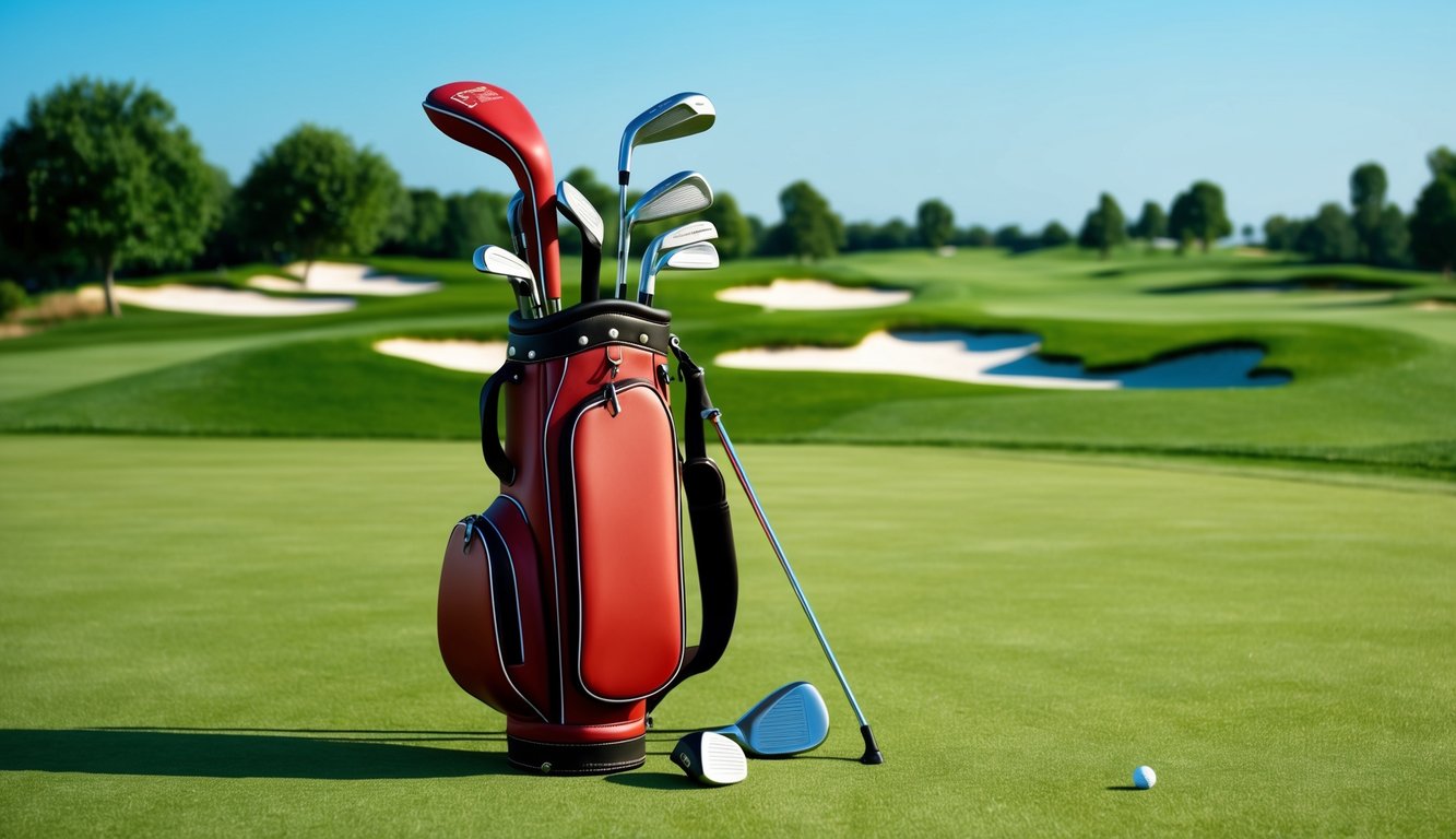 A golf bag with various clubs laid out on a green, well-maintained golf course