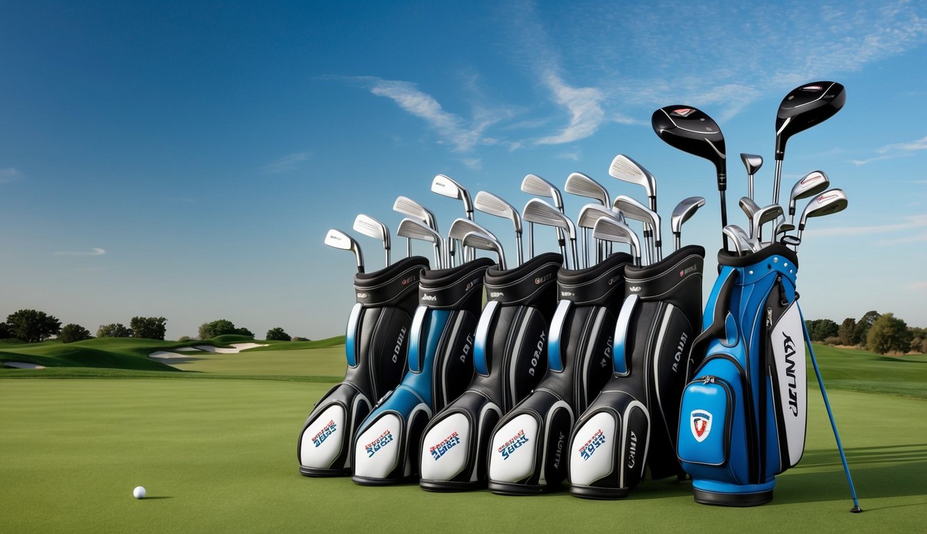 Jake Knapp's professional golf clubs arranged on a pristine green with a clear blue sky above