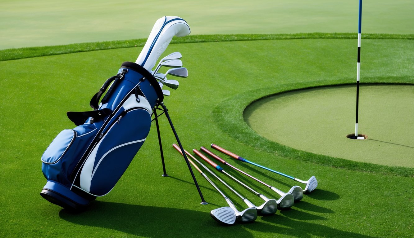 A golf bag with various clubs laid out neatly on a grassy tee box