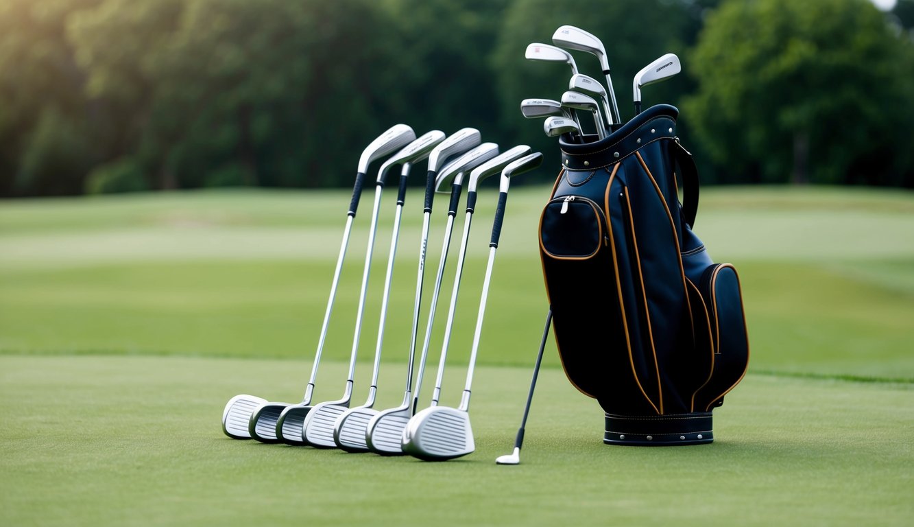 A set of golf clubs arranged neatly on a grassy field, with a golf bag standing upright beside them