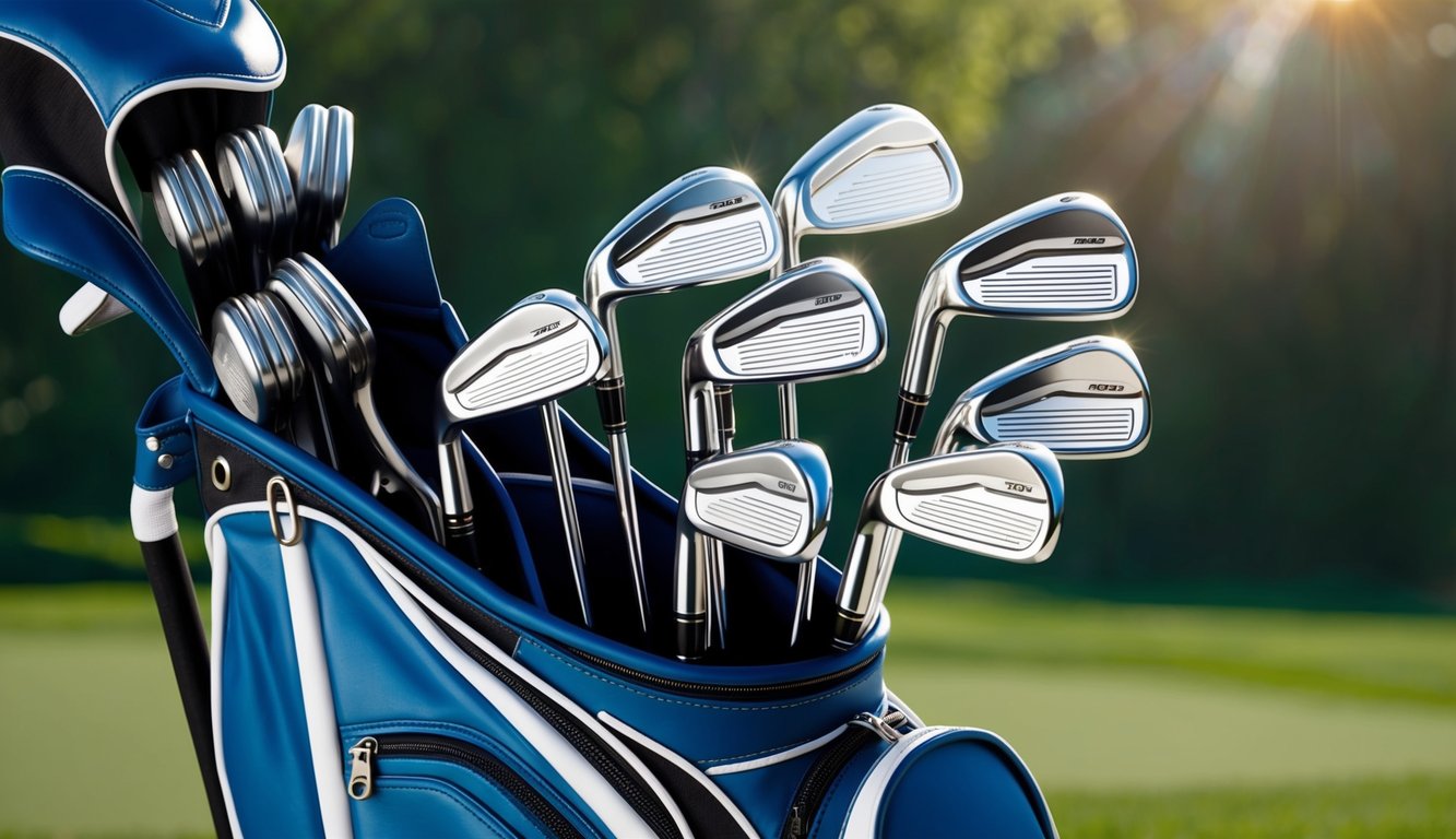 Jake Knapp's golf bag sits open, revealing a set of sleek, high-end clubs arranged neatly inside. The sun glints off the polished metal, hinting at their top-notch quality