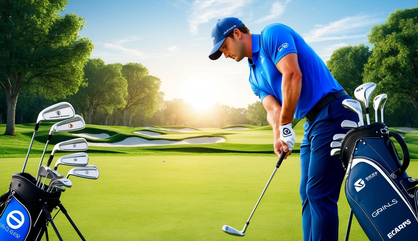 A golfer tees off with a set of sleek, modern clubs on a lush, sunlit course, with logos of various brand endorsements and sponsorships visible on the equipment