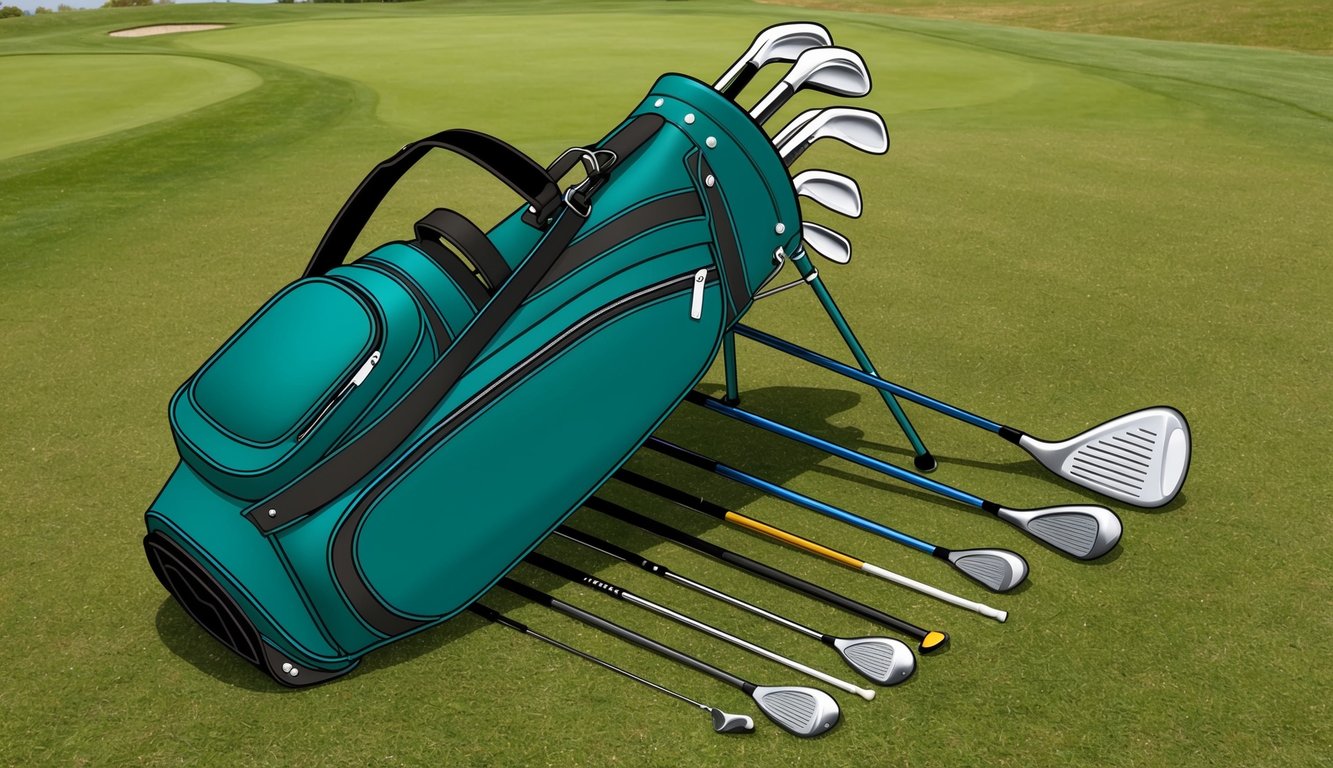 A golf bag open on the ground, with various clubs and equipment laid out neatly beside it