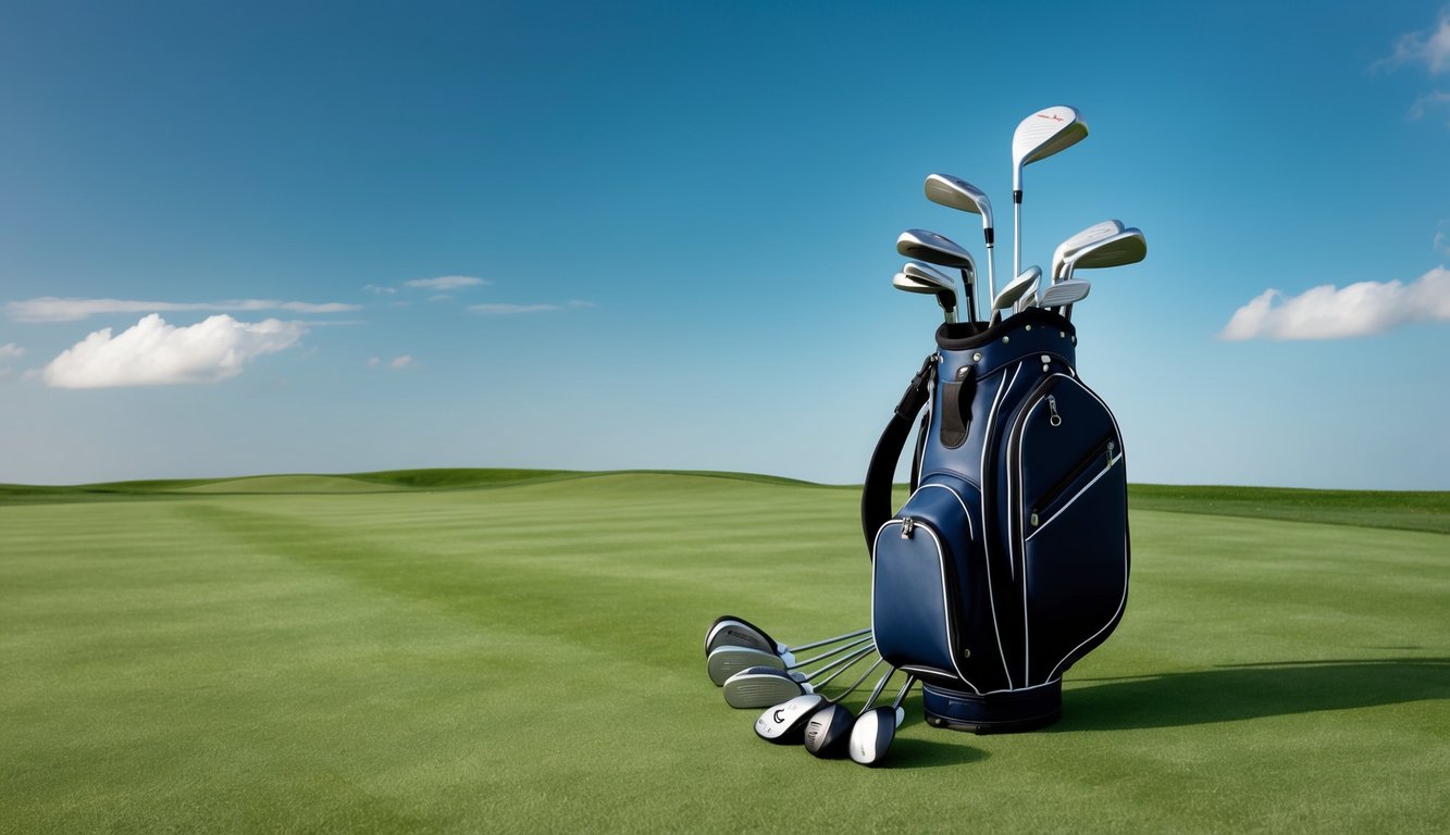 A golf bag with various clubs laid out neatly on a lush green fairway, with a clear blue sky and a few scattered clouds overhead