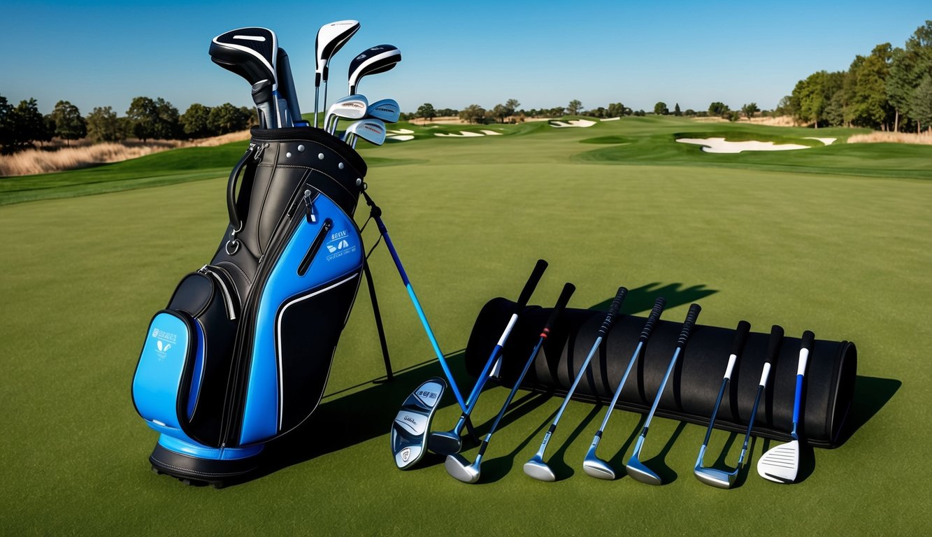 Adam Schenk's golf bag with various clubs laid out on a green course