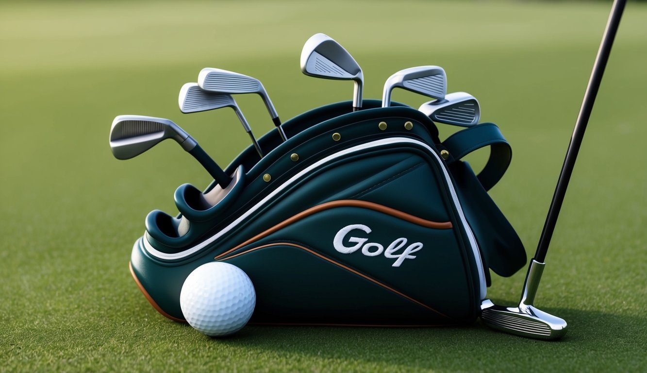 A golf bag with various clubs arranged neatly, a putter leaning against it, and a golf ball on the grass