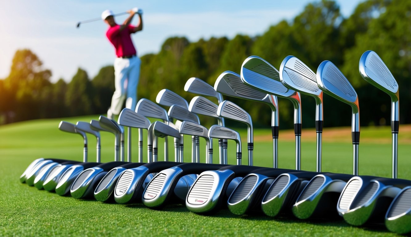 An array of golf clubs arranged neatly on a grassy surface, with a golfer in the background preparing to take a swing