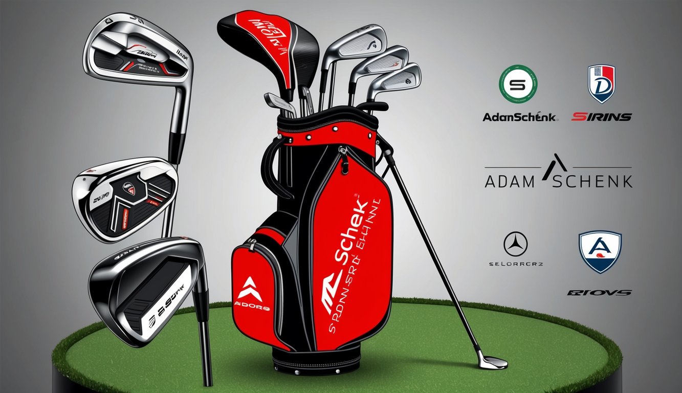 A golf bag with a variety of clubs, including drivers, irons, and putters, adorned with logos of Adam Schenk's sponsored brands