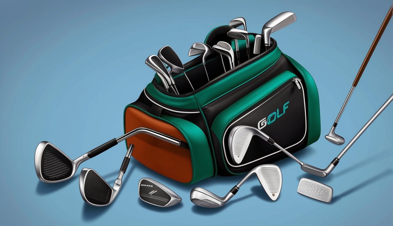 An open golf bag with various clubs scattered around, including a driver, irons, wedges, and a putter