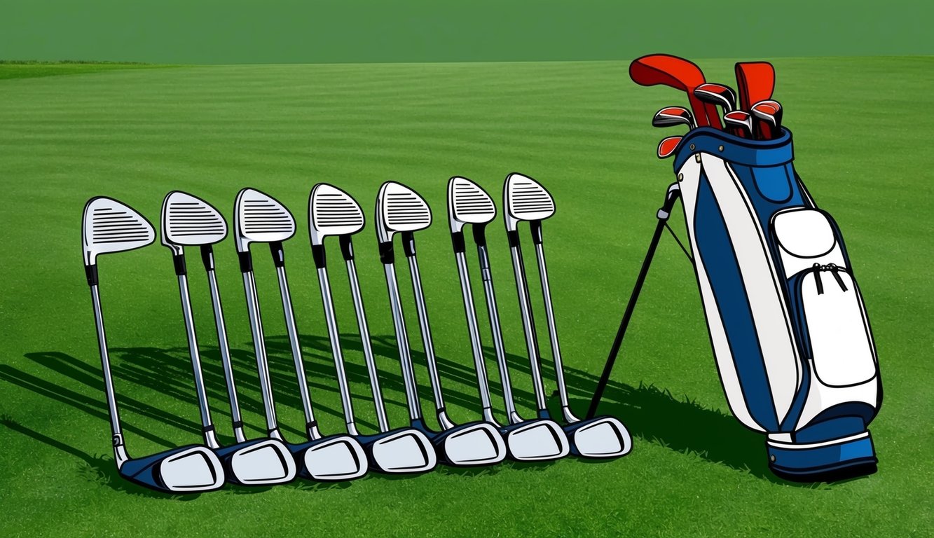 A set of golf clubs arranged neatly on a green grassy field, with a golf bag standing upright beside them