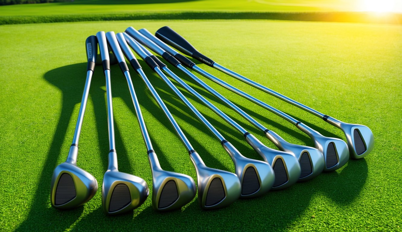 Adam Schenk's golf clubs laid out neatly on a pristine green fairway, with the sun casting a warm glow on the irons and woods