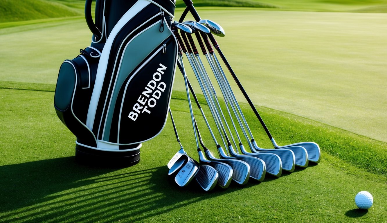 Brendon Todd's golf bag and clubs arranged neatly on the green grass of the golf course