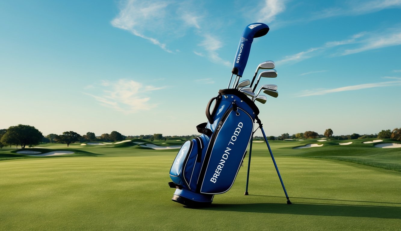 A golf bag with Brendon Todd's clubs arranged neatly on a lush, green fairway with a clear blue sky overhead