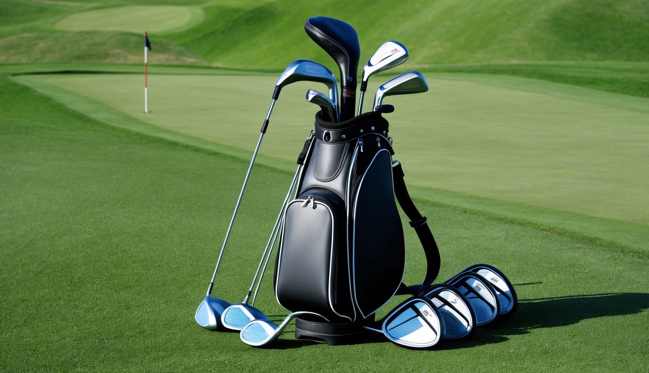 A golf bag with various clubs laid out on a grassy course