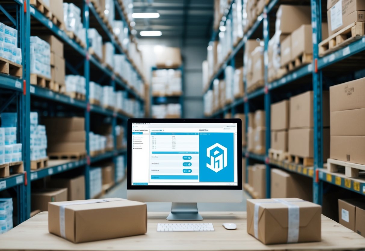 A warehouse with shelves of products, a computer with inventory management software, and packages ready for shipping