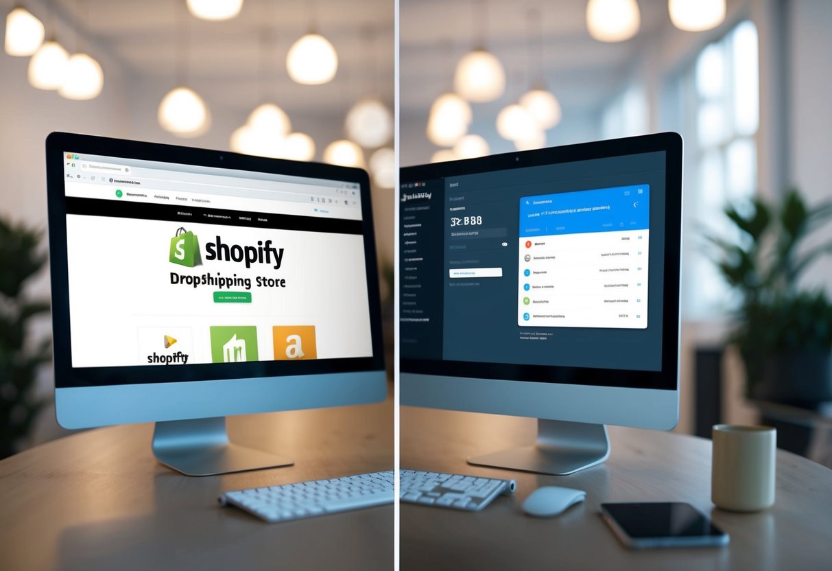 A computer screen split in half, one side showing a Shopify dropshipping store, the other showing an Amazon FBA dashboard