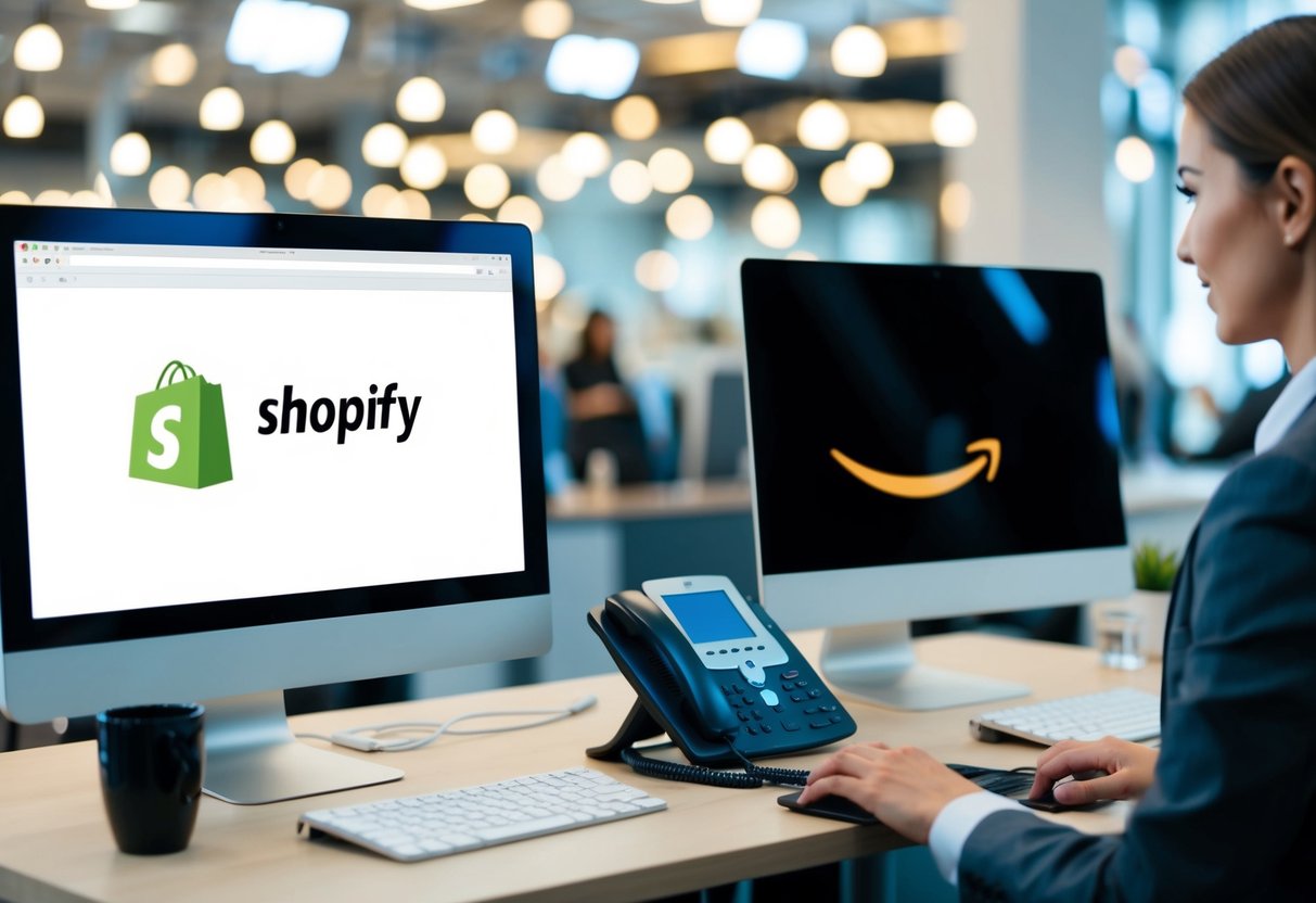 A busy customer service desk with two computers and a phone, representing the choice between Shopify dropshipping and Amazon FBA