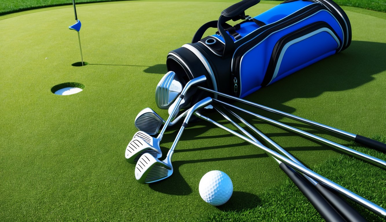 A golf bag with various clubs laid out on a grassy putting green