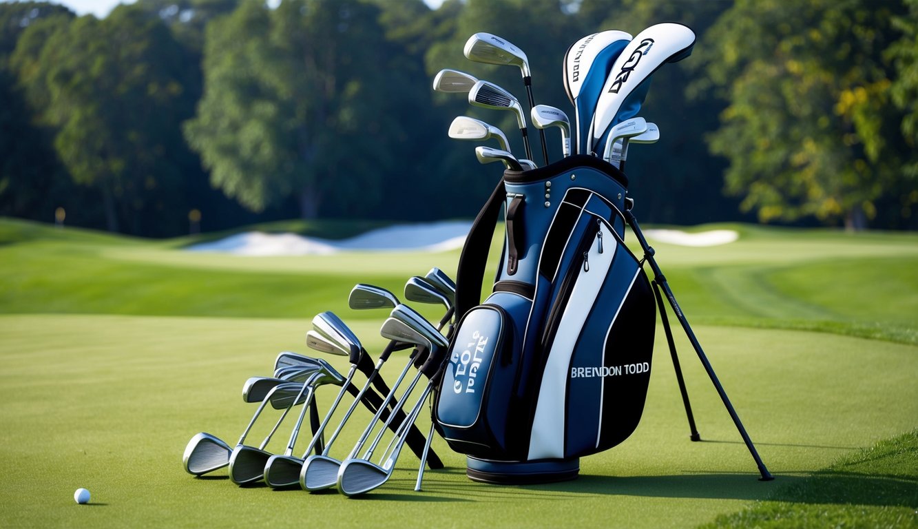 Brendon Todd's golf bag with various clubs lined up on a lush green fairway