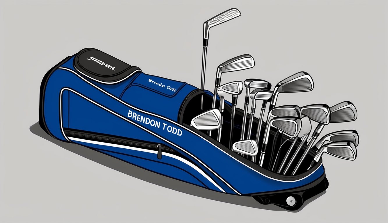 A golf bag open, revealing Brendon Todd's clubs neatly organized, with the putter standing out among the irons and woods