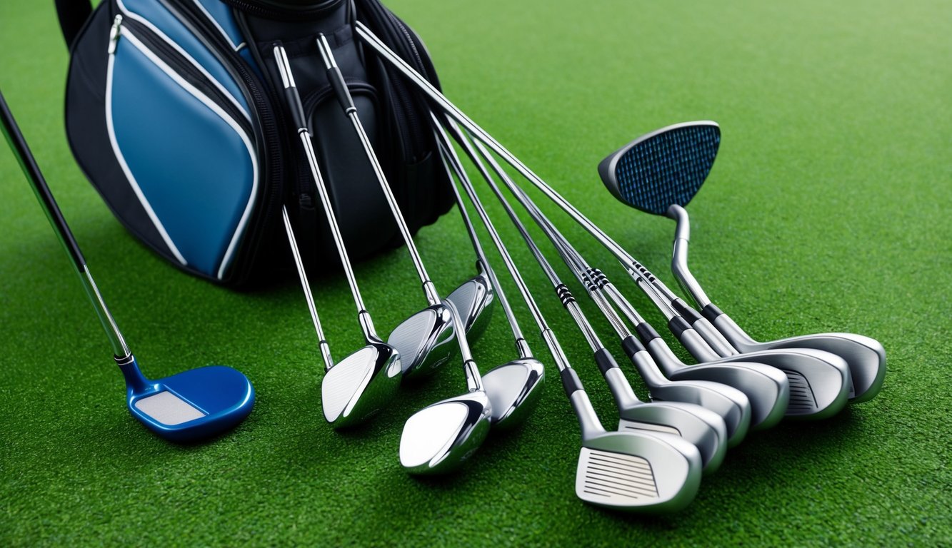 A set of golf clubs arranged neatly in a bag, with various irons, woods, and a putter laid out on the grass