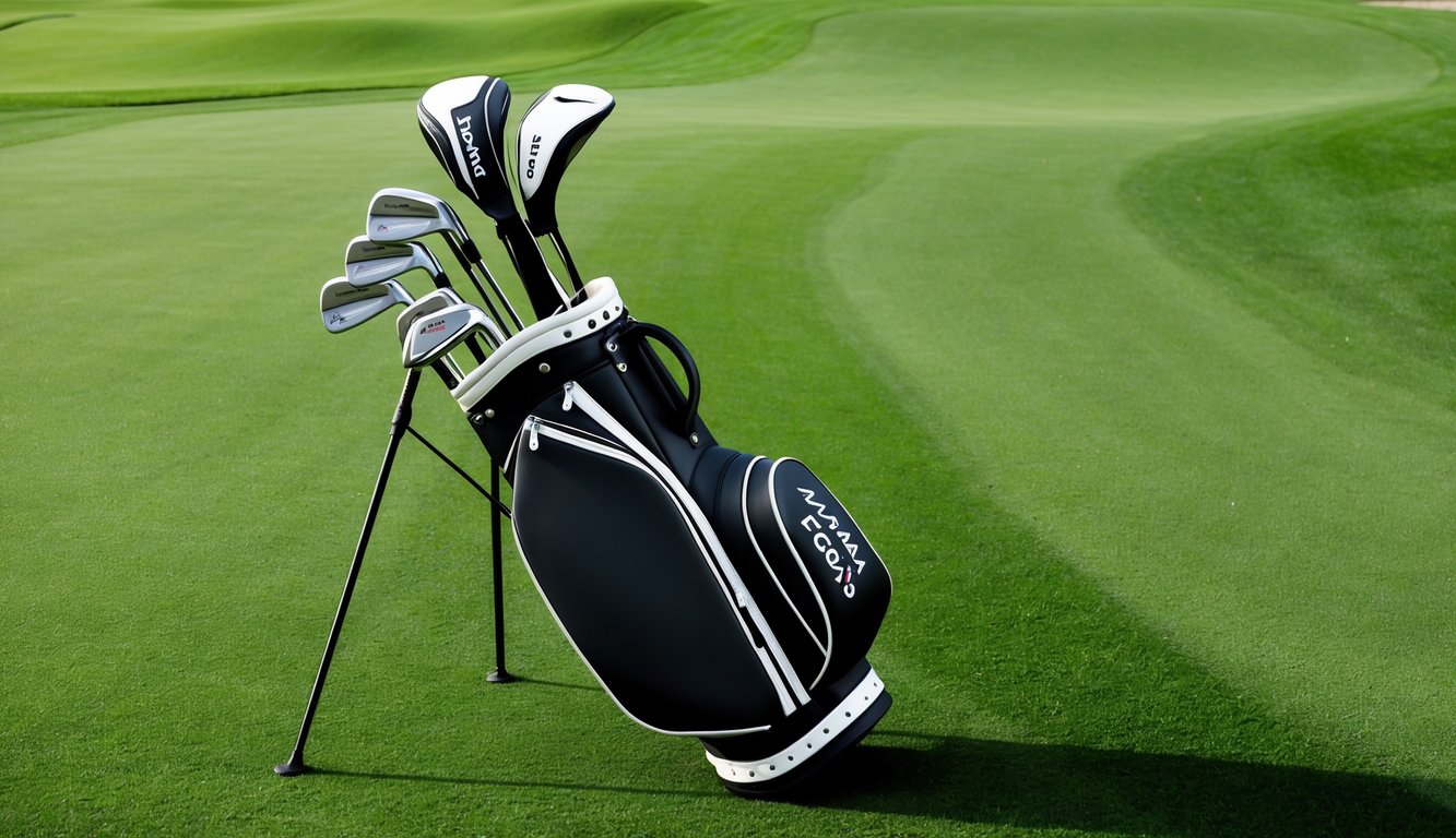 A golf bag with Jhonattan Vegas's clubs arranged neatly on a lush green fairway